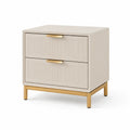 Table de chevet beige avec pieds en métal doré et deux tiroirs