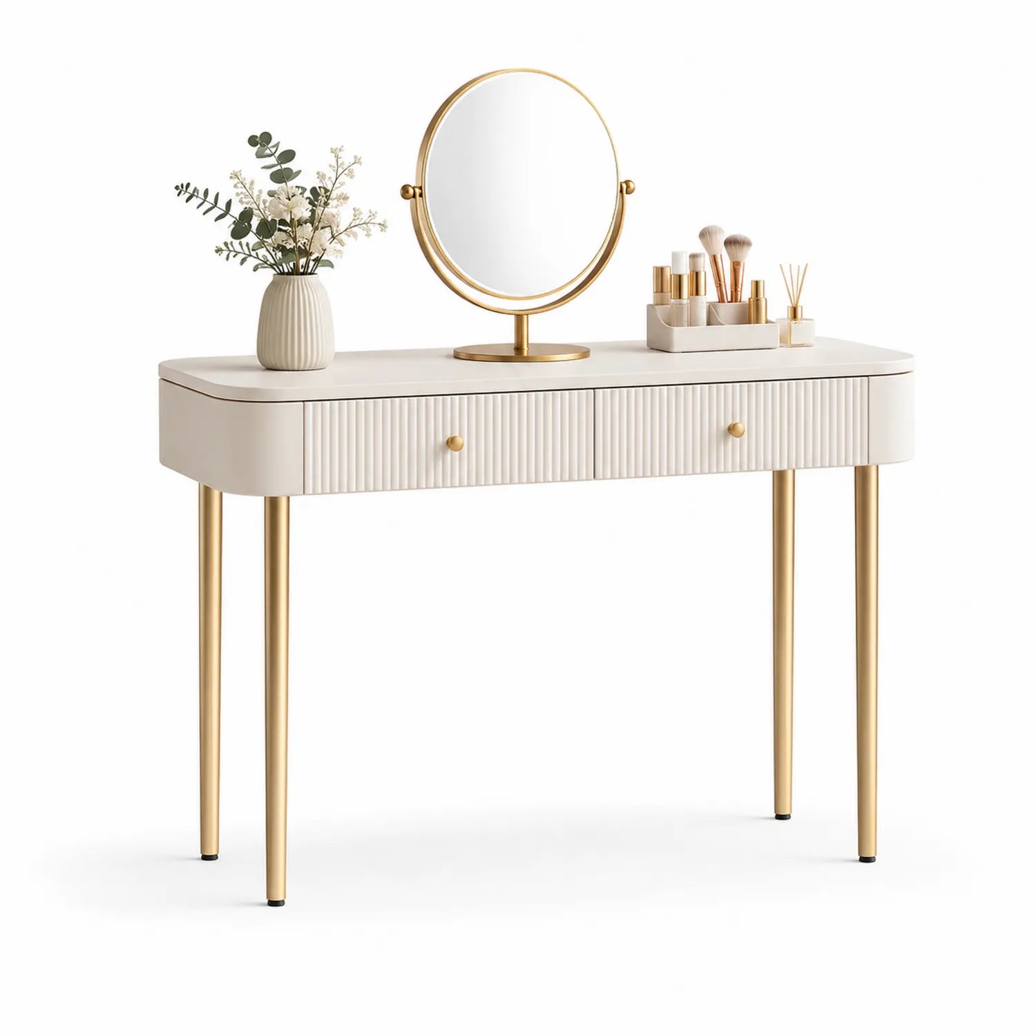Coiffeuse en MDF Crème avec Miroir et Pieds en Métal Doré