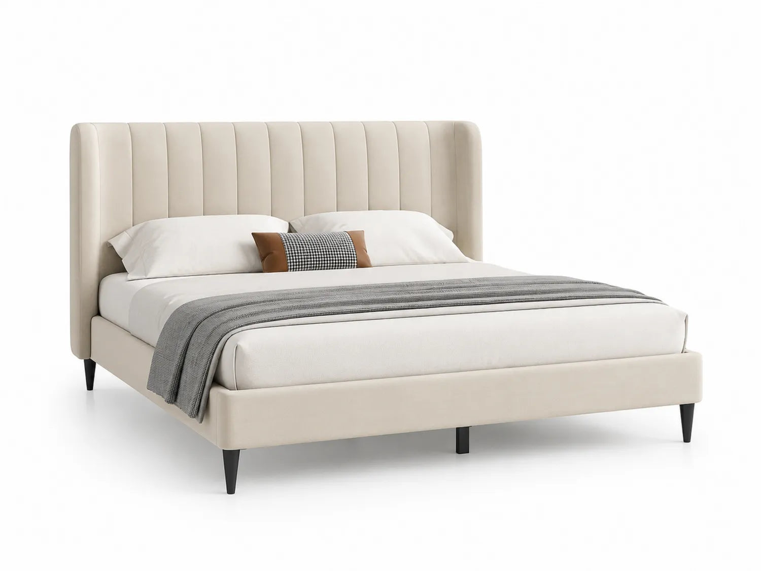 Lit double avec tête de lit capitonnée en tissu beige et pieds en bois noir 200x160 cm
