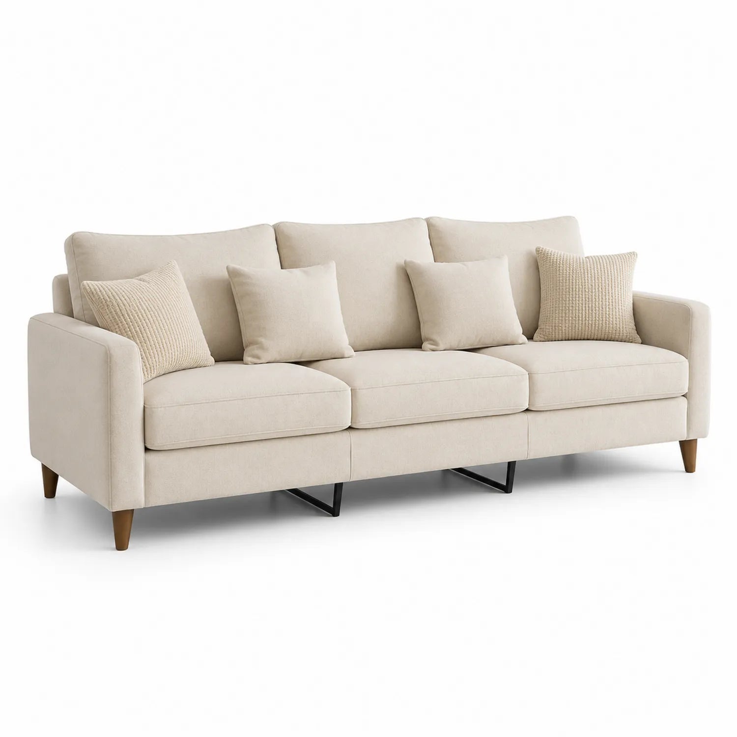 Canapé 3 places en tissu beige avec coussins