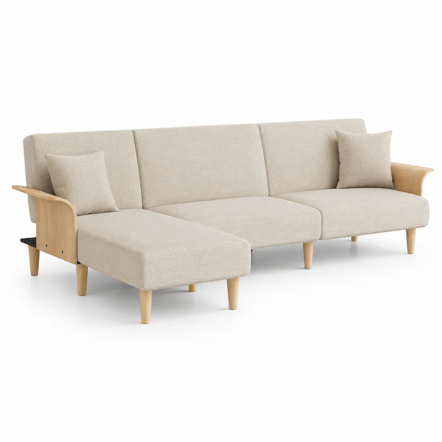 Canapé d'angle réversible en tissu avec accoudoirs en bois