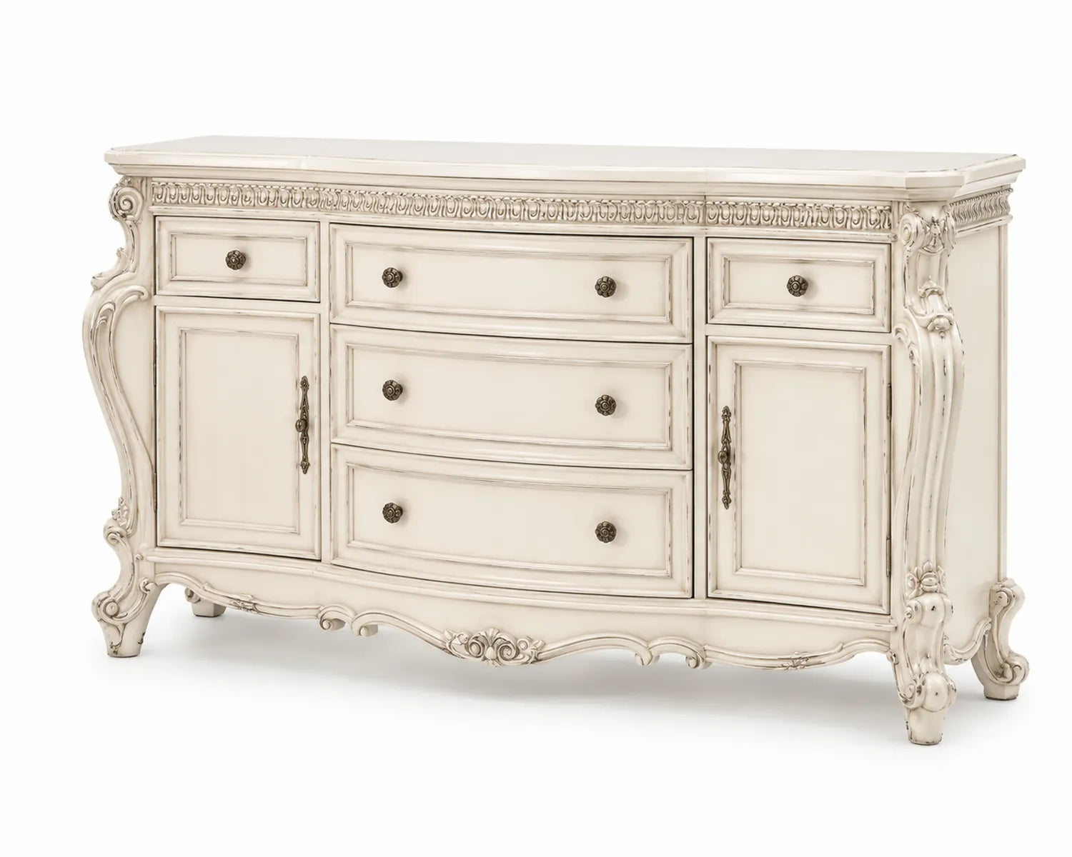 Commode en Bois Massif Ivoire avec 5 Tiroirs et 2 Portes