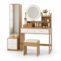Coiffeuse avec Tabouret et Miroir Rond LED Chêne/Blanc