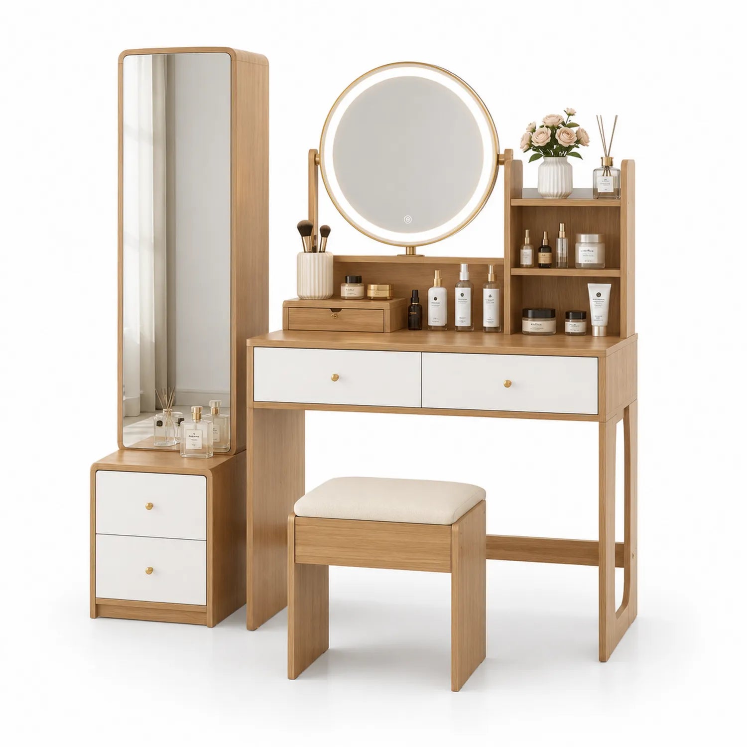 Coiffeuse avec Tabouret et Miroir Rond LED Chêne/Blanc