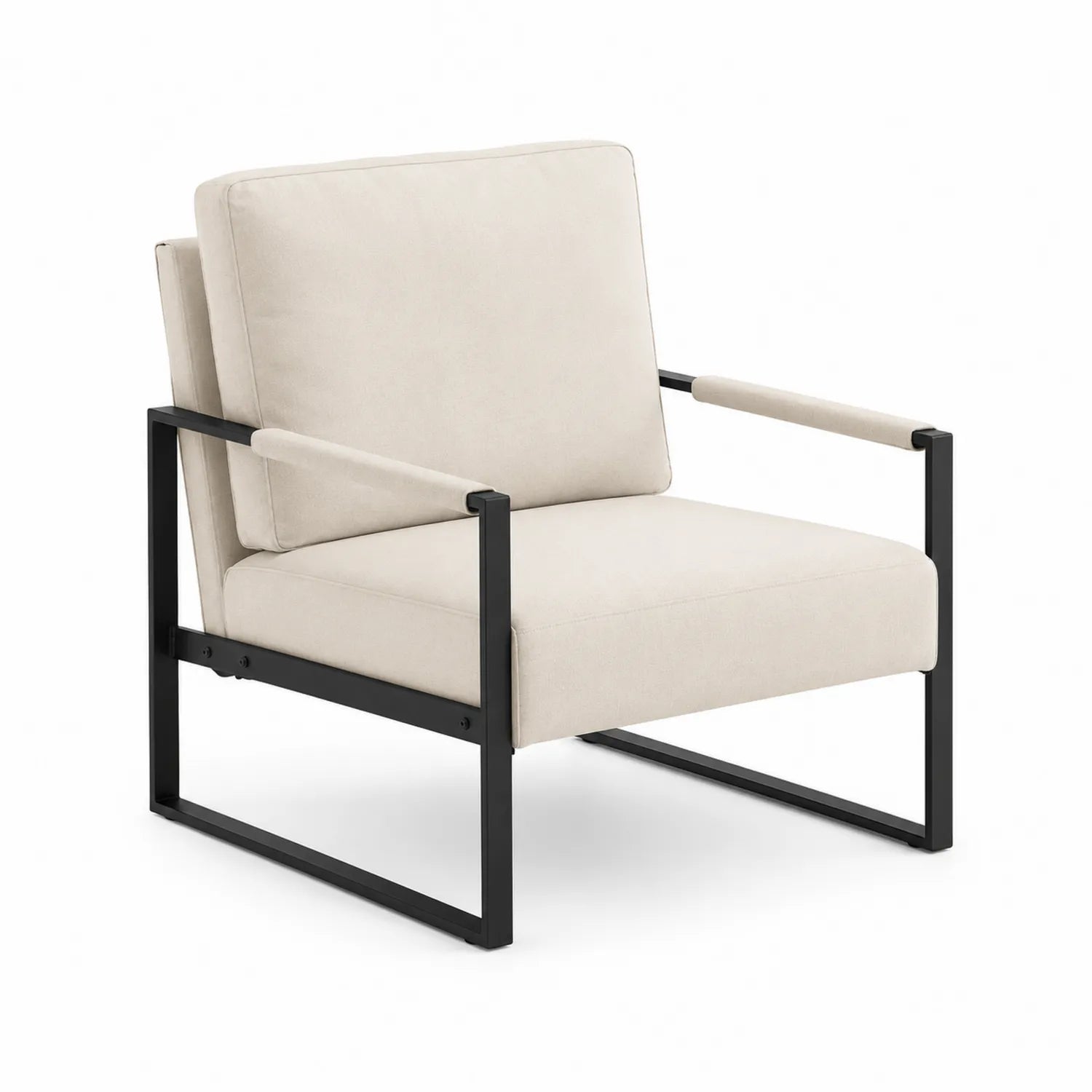 Fauteuil en métal avec tissu polyester crème et structure noire