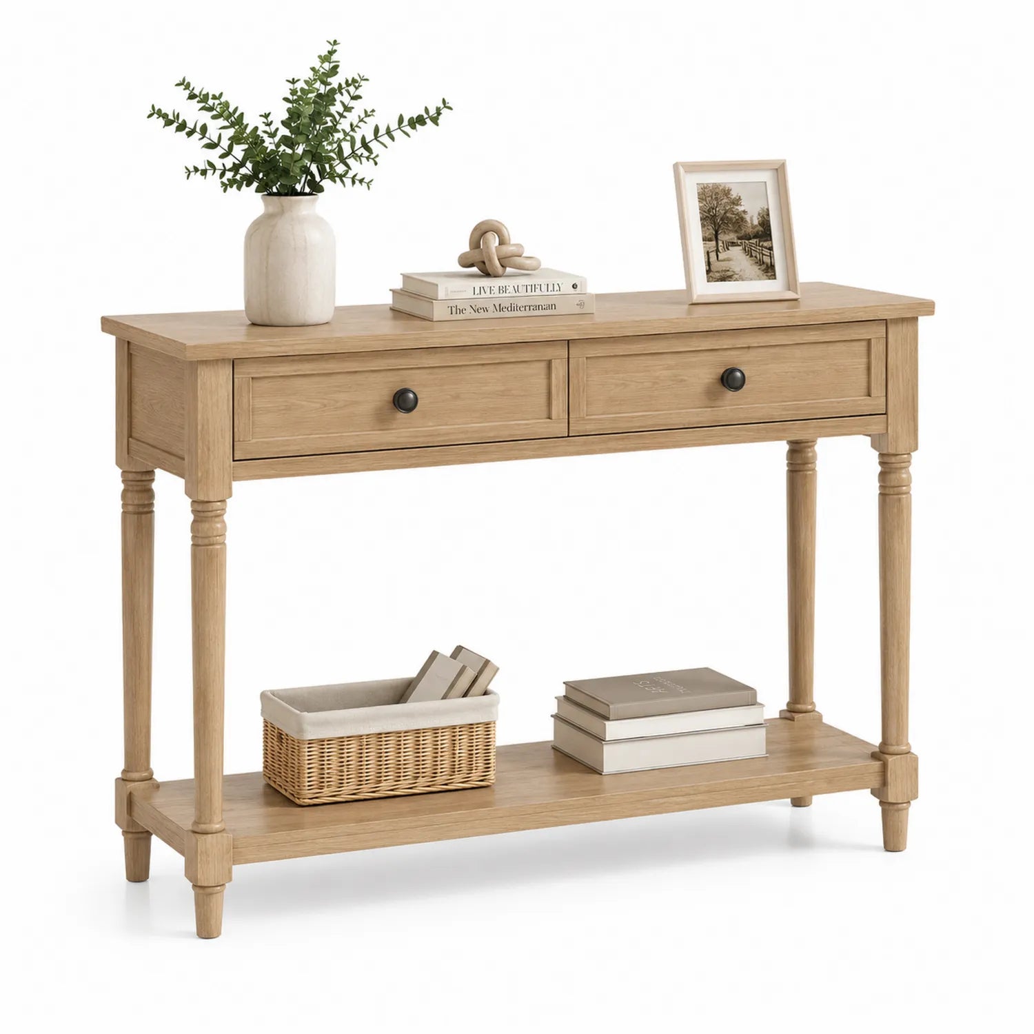 Table console en bois de chêne clair avec tiroirs 120x35x80 cm