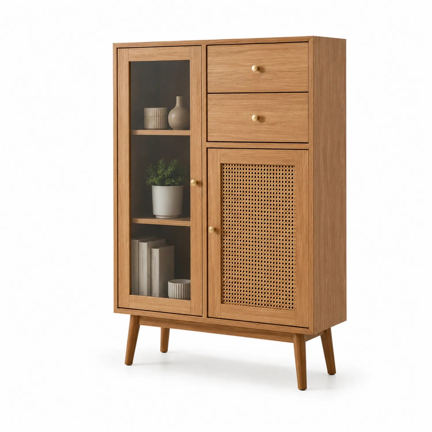 Armoire en bois avec portes vitrées et rotin 90x40x140 cm