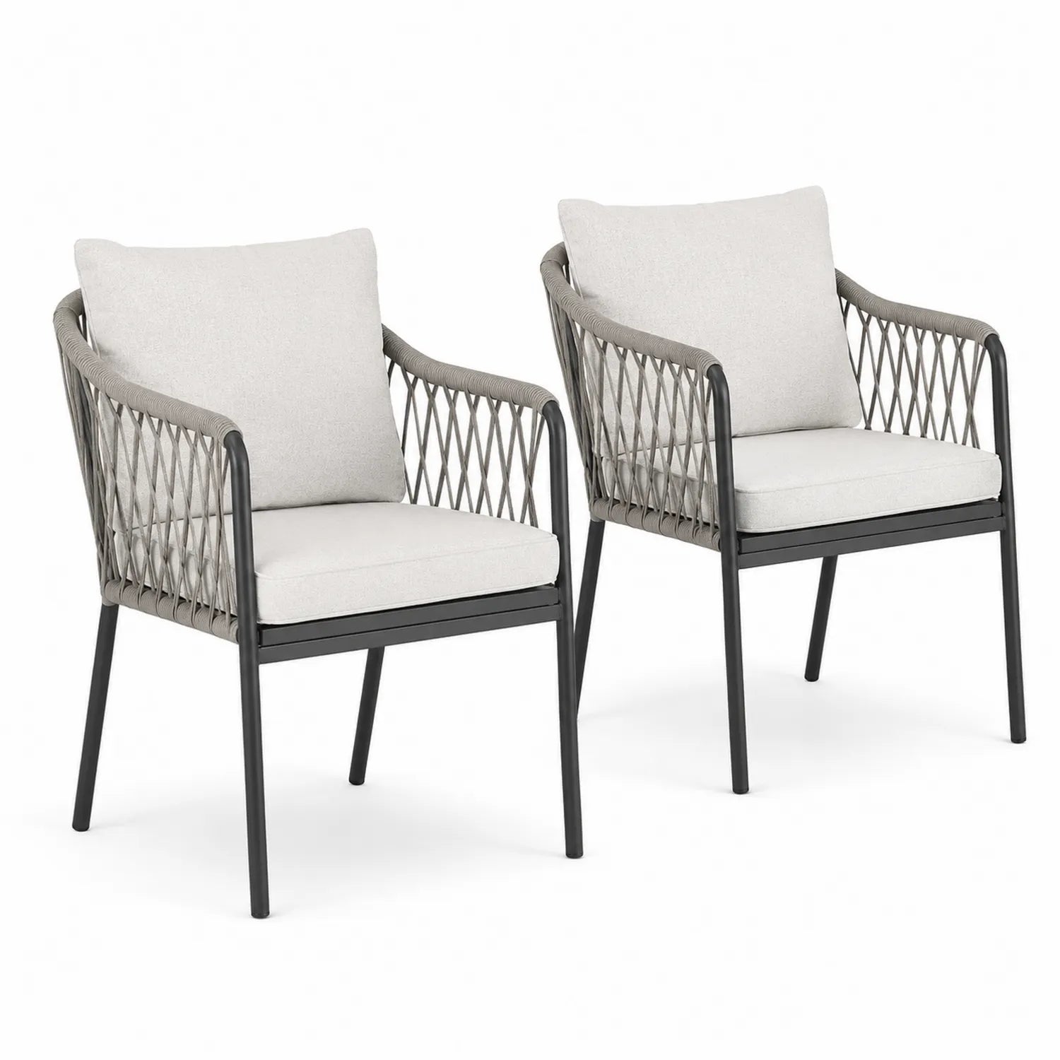 Ensemble de 2 chaises en aluminium et corde tressée avec coussins gris clair