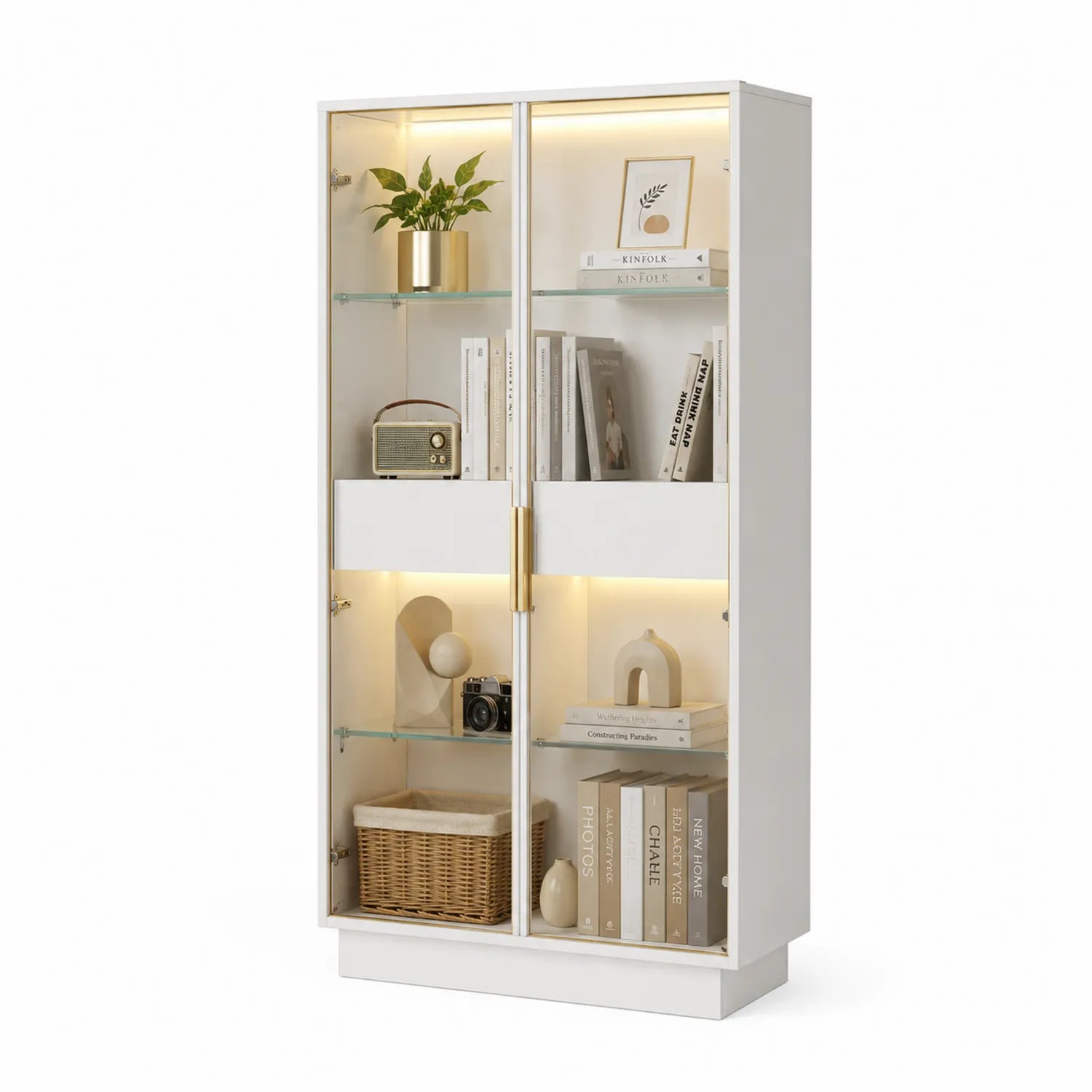 Bibliothèque en bois avec portes en verre trempé et étagères intégrées 180 cm