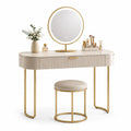 Coiffeuse en bois MDF beige et métal doré avec miroir LED et tabouret
