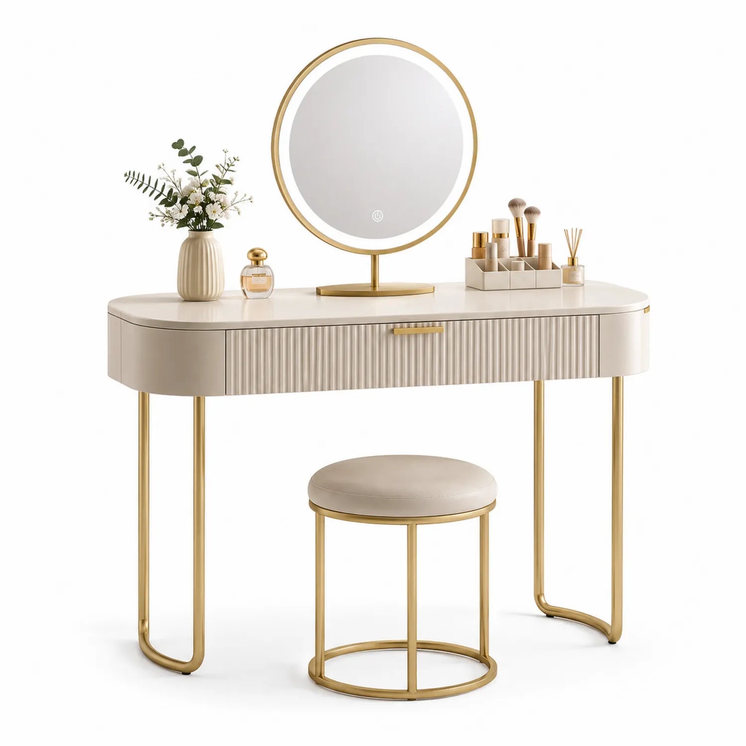Coiffeuse en bois MDF beige et métal doré avec miroir LED et tabouret