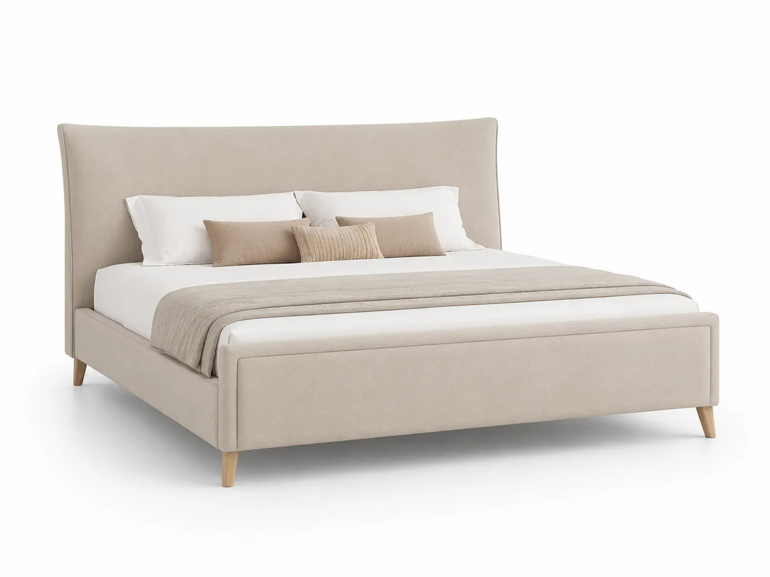 Lit double en tissu polyester beige avec pieds en bois