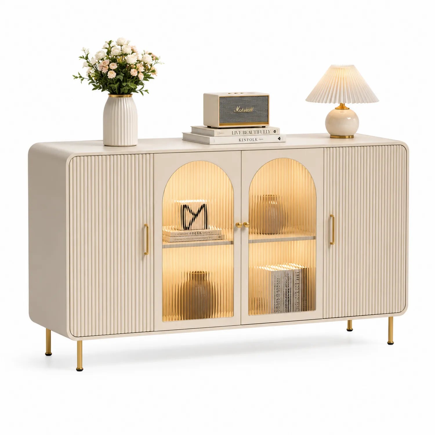 Buffet en bois et verre cannelé avec pieds métalliques dorés 120x40x85 cm