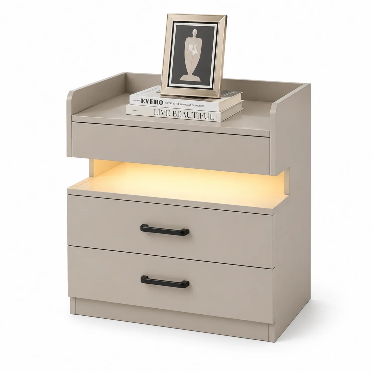 Table de chevet en bois avec LED beige 60x40x70 cm