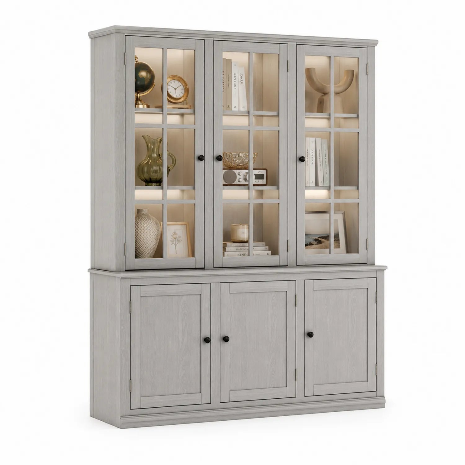 Buffet vitrine en bois avec portes vitrées en verre trempé gris 200x40x210cm