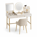 Coiffeuse en bois et métal avec miroir LED et chaise en tissu crème