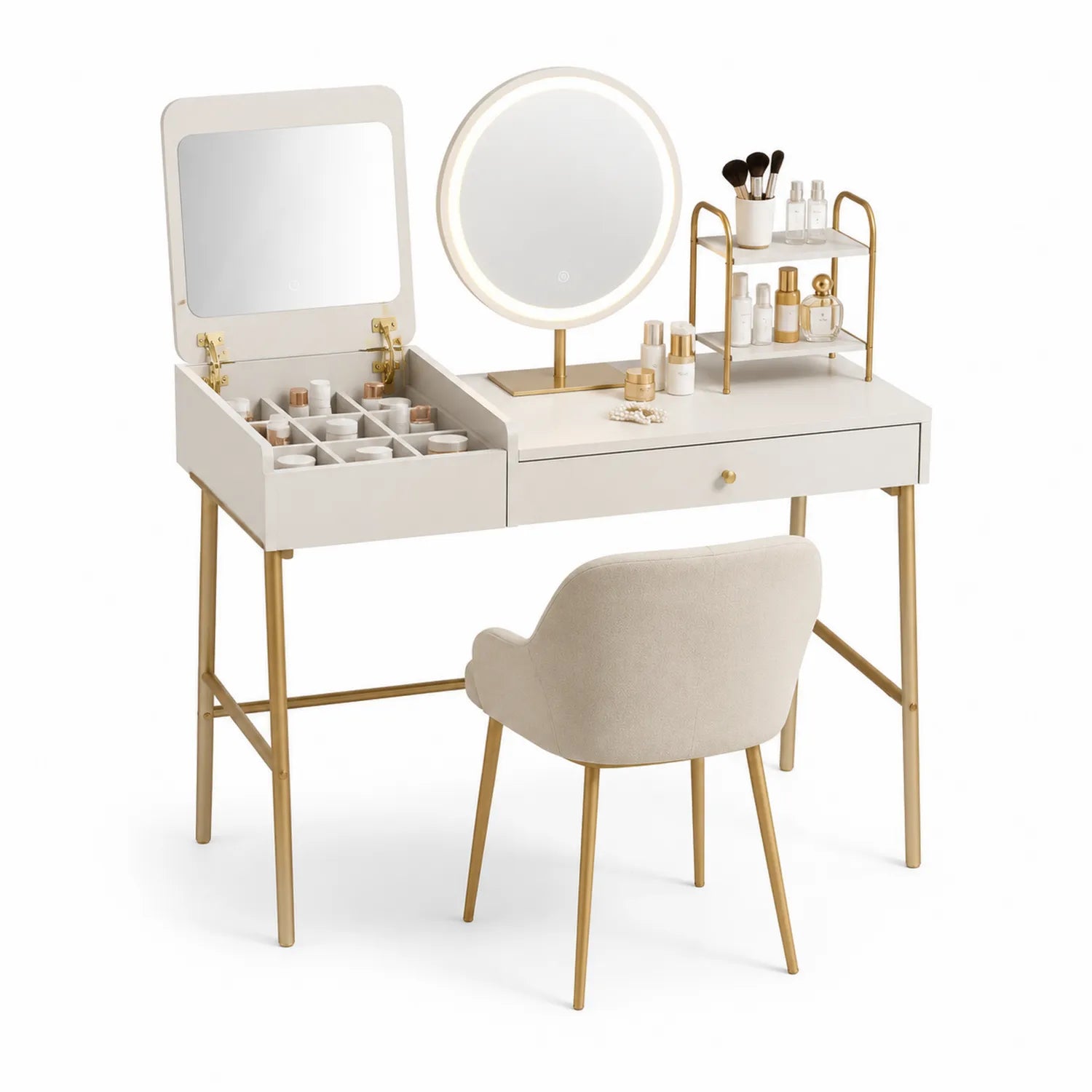 Coiffeuse en bois et métal avec miroir LED et chaise en tissu crème