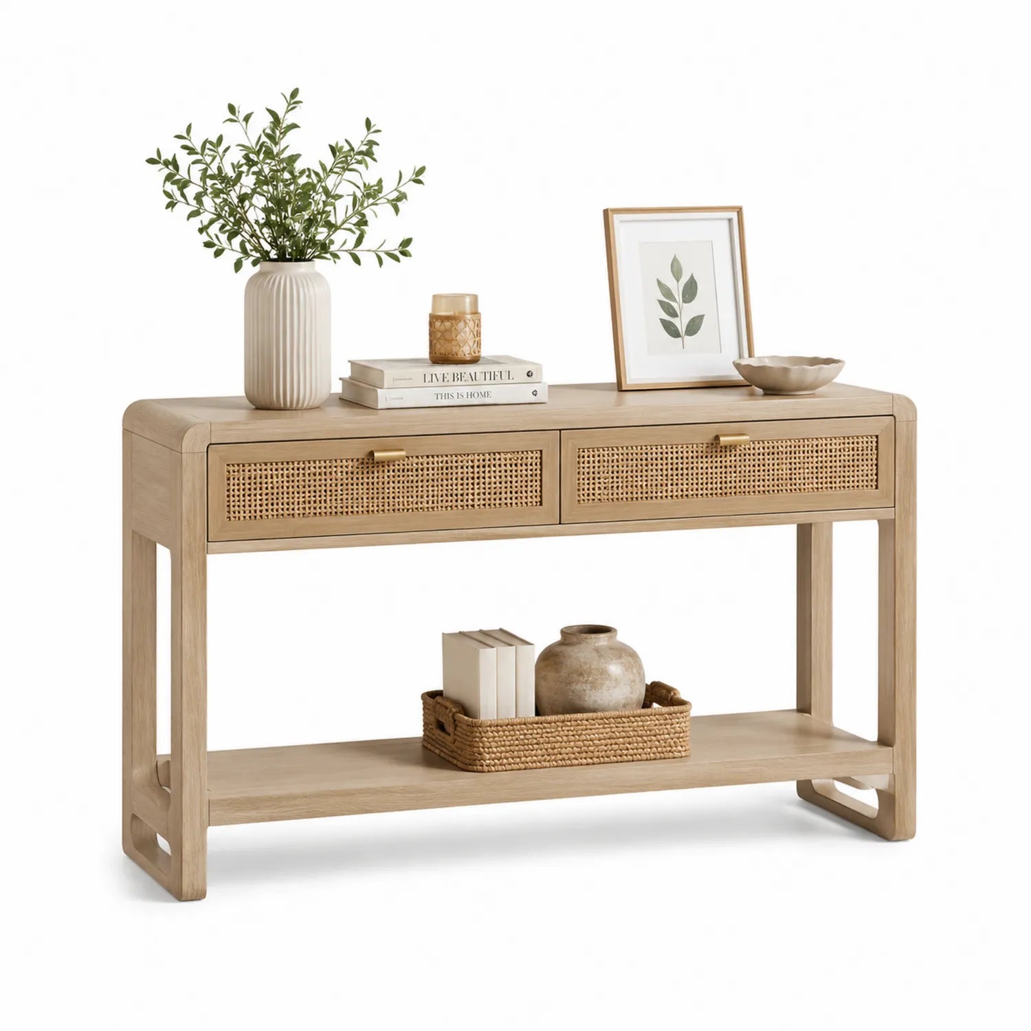 Console en bois d'acacia et rotin avec étagère 120x40x75 cm