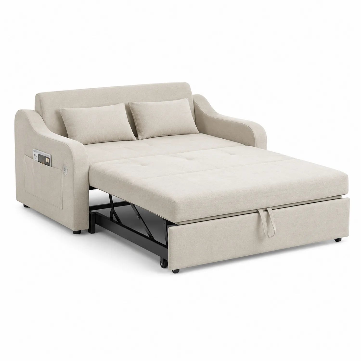 Canapé-lit en tissu polyester beige avec coussins inclus