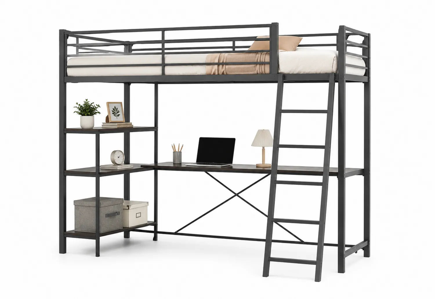 Lit mezzanine en métal avec bureau intégré et étagères Noir 200x90 cm