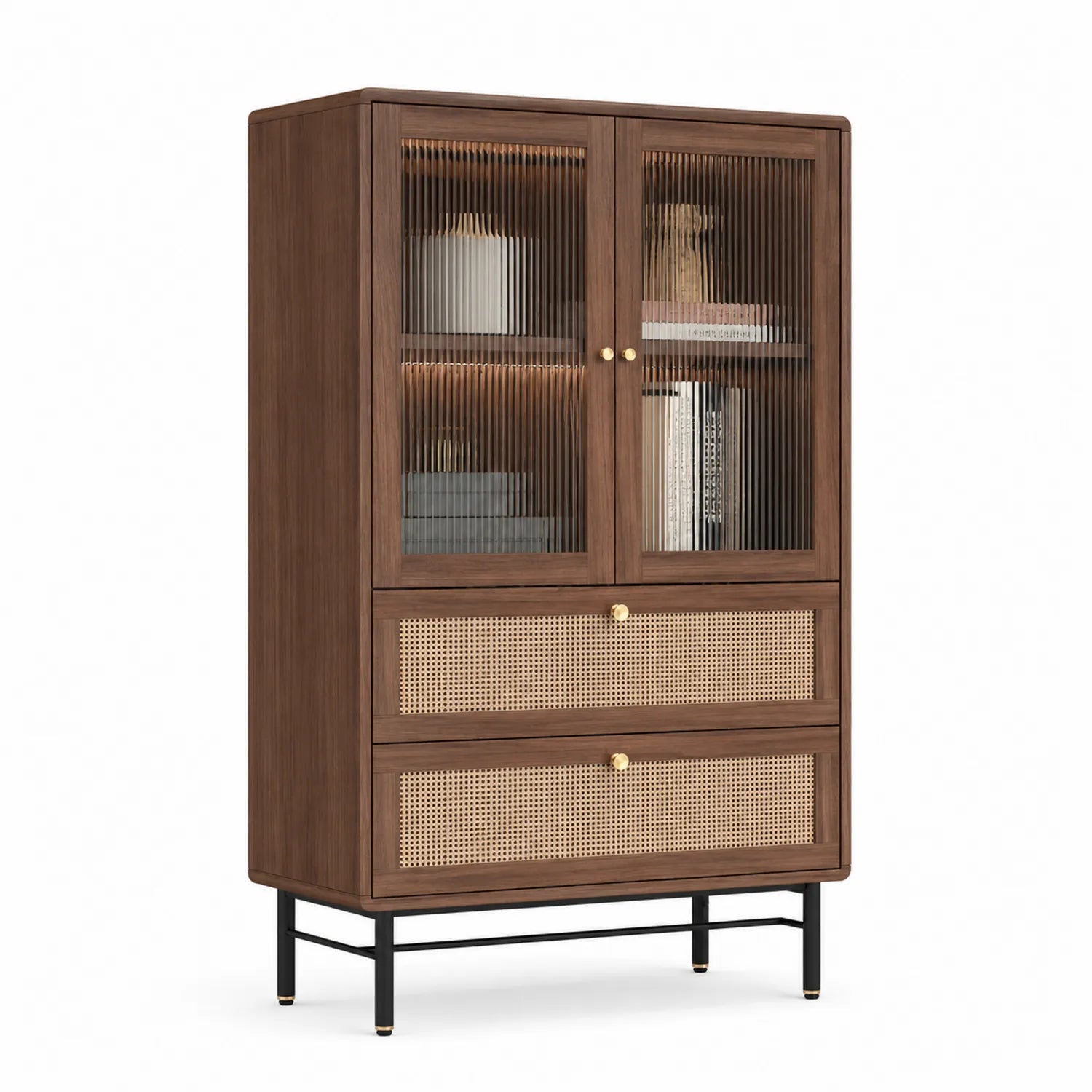 Armoire en bois avec portes en verre et tiroirs en rotin 180x90x40cm