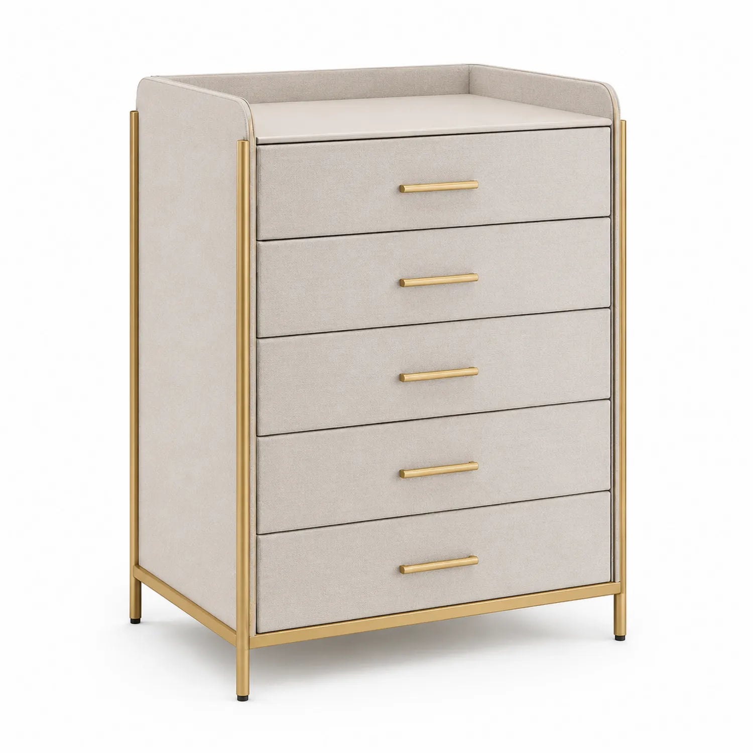 Commode 5 tiroirs en MDF et métal beige et or