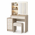 Coiffeuse en bois MDF avec miroir éclairé et tabouret beige