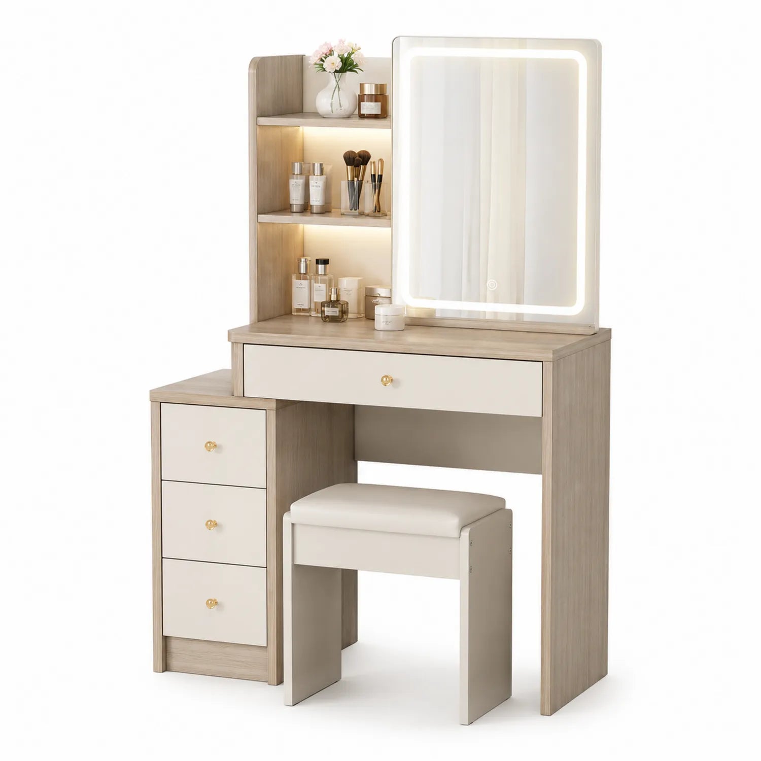 Coiffeuse en bois MDF avec miroir éclairé et tabouret beige