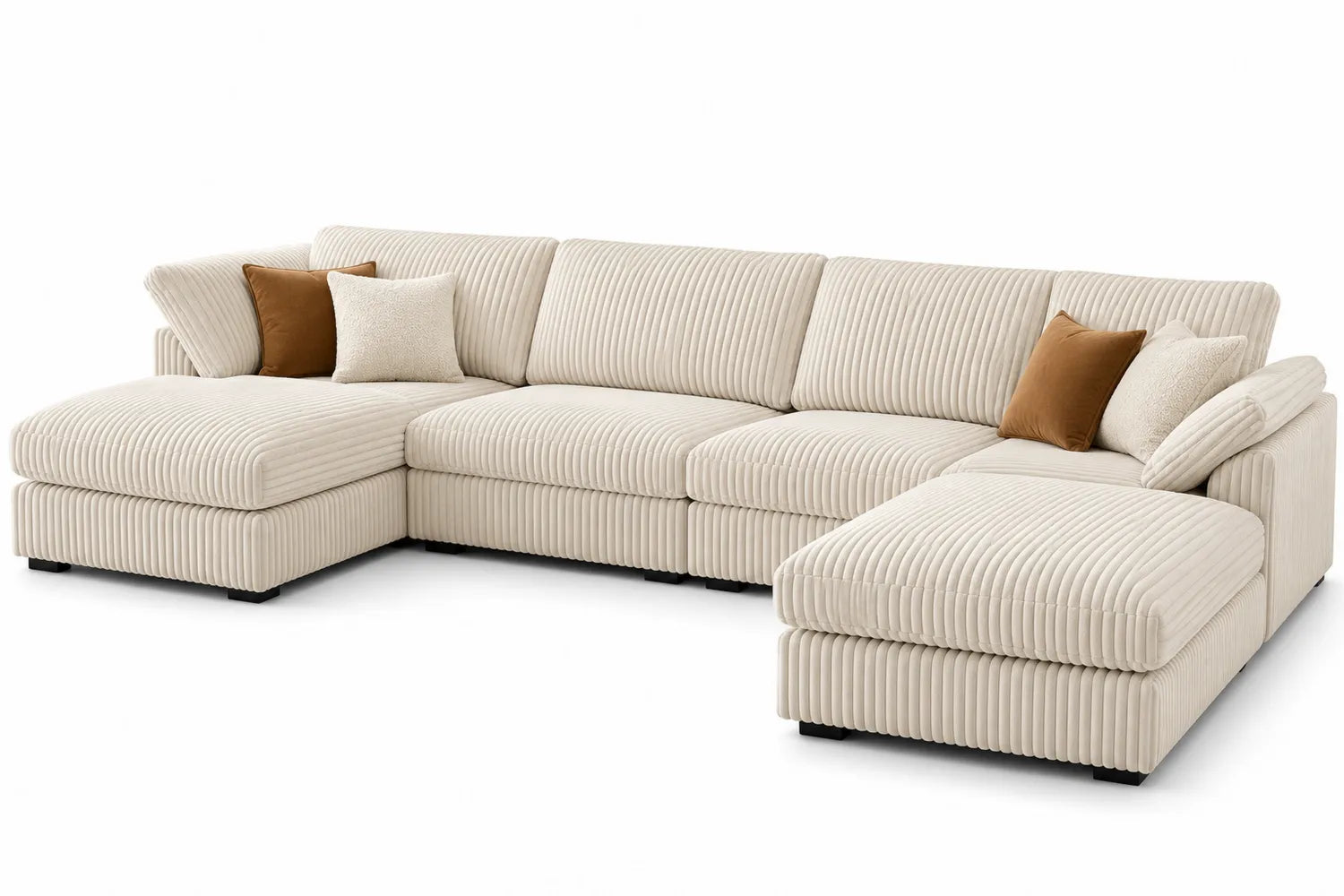 Canapé sectionnel en velours côtelé beige avec méridienne et coussins