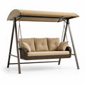 Balancelle de jardin en métal et rotin avec coussins beige et toit taupe