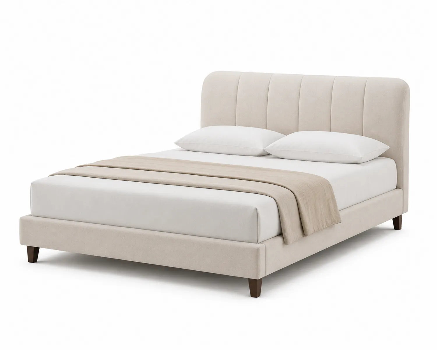 Lit double en bois et tissu beige avec tête de lit 200x160 cm