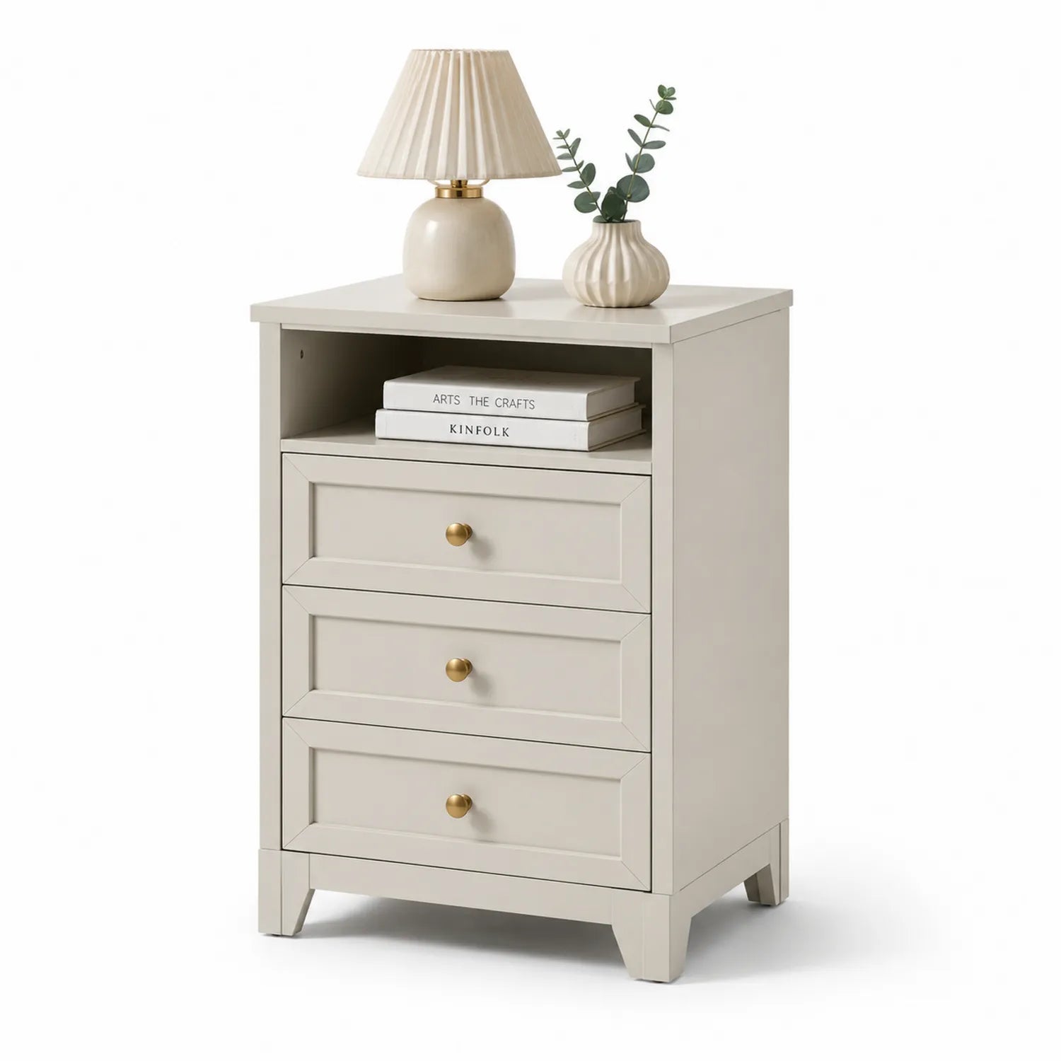 Table de chevet en bois avec 3 tiroirs Beige