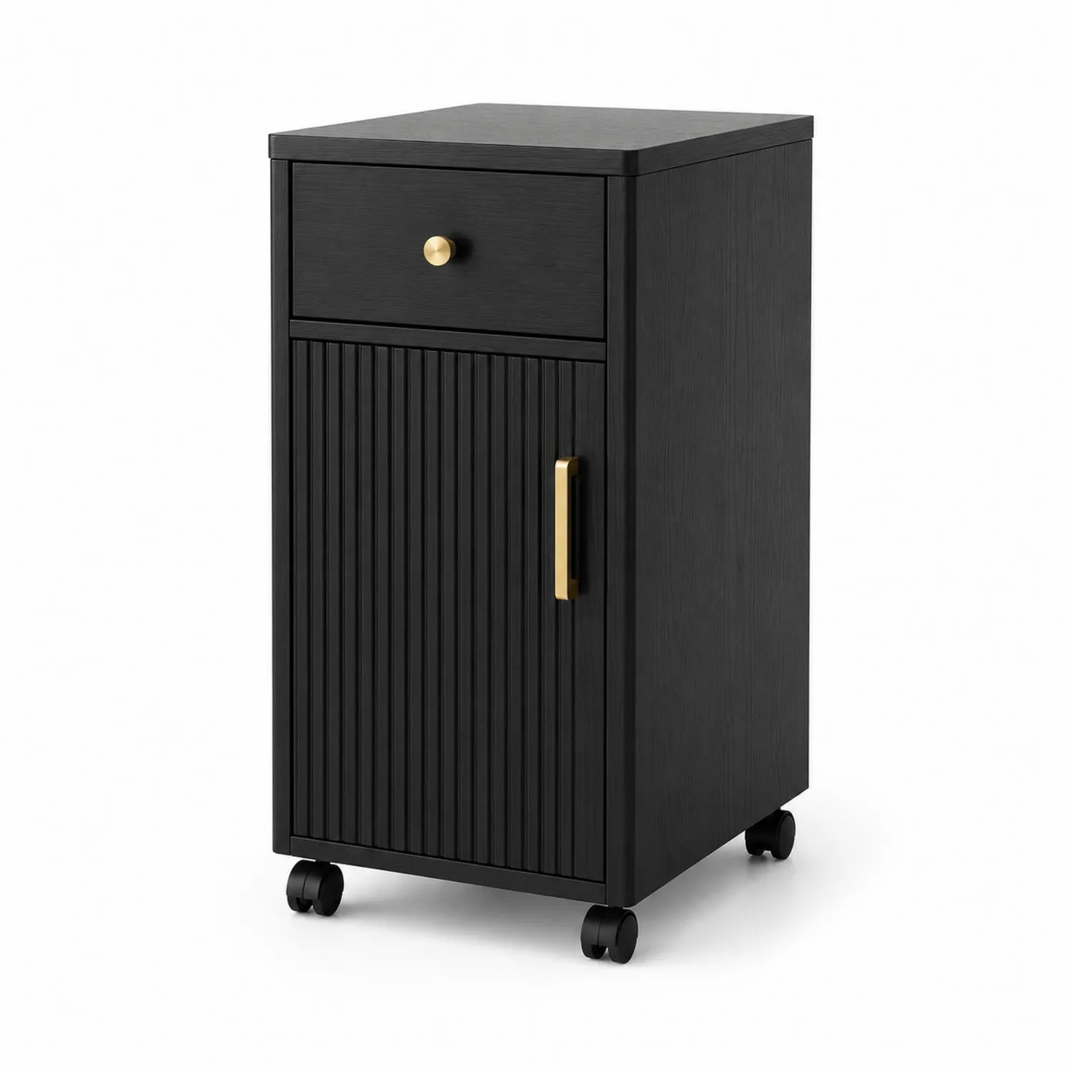 Armoire de rangement en bois noir avec roulettes, tiroir et porte