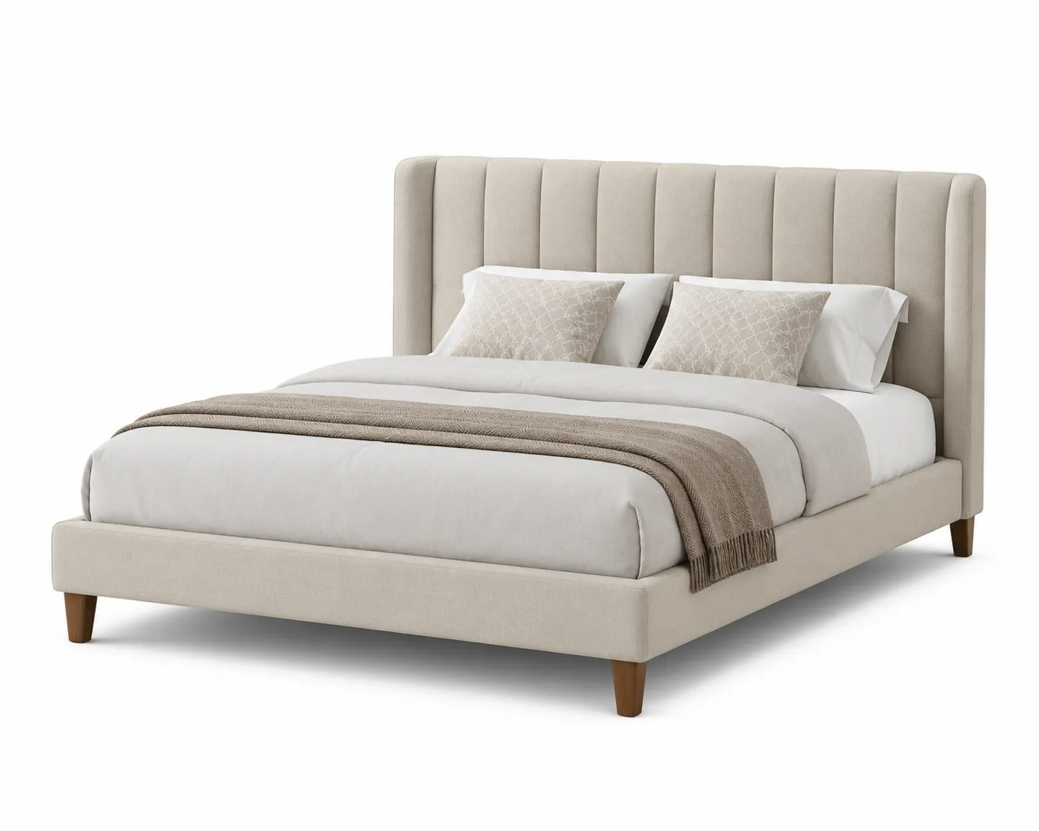 Lit plateforme en tissu beige avec tête de lit rembourrée