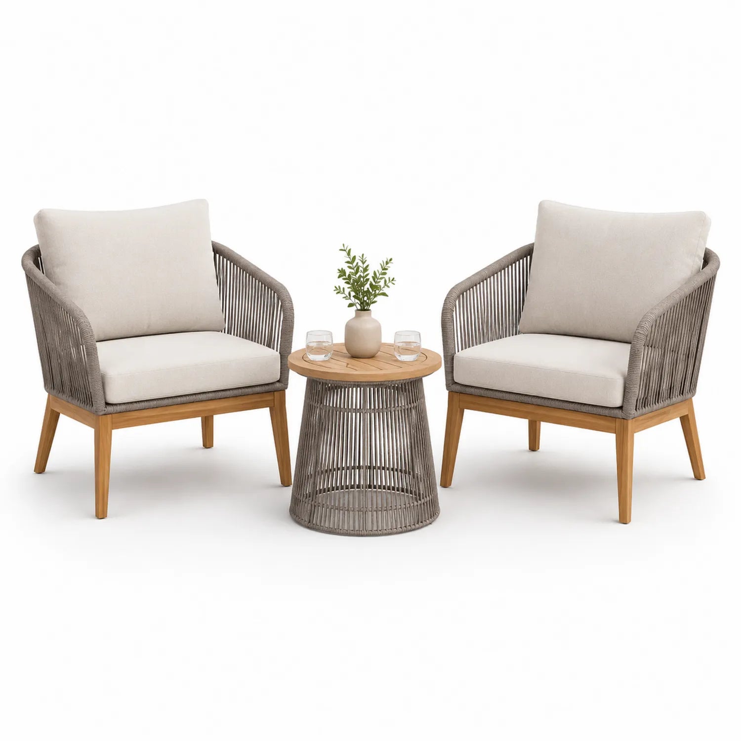Ensemble de fauteuils d'extérieur en bois et corde avec table d'appoint