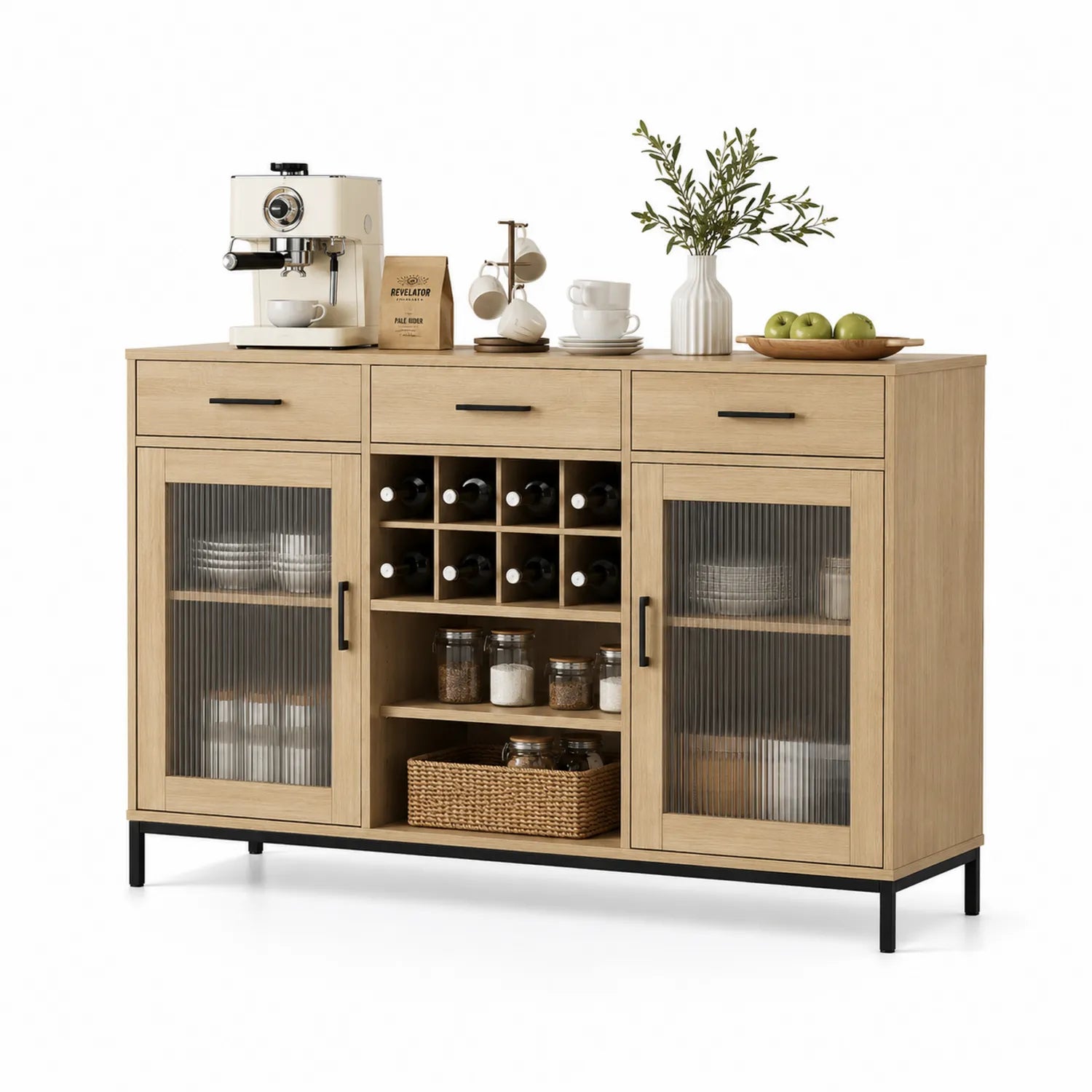 Buffet de cuisine en bois MDF chêne clair avec portes et tiroirs