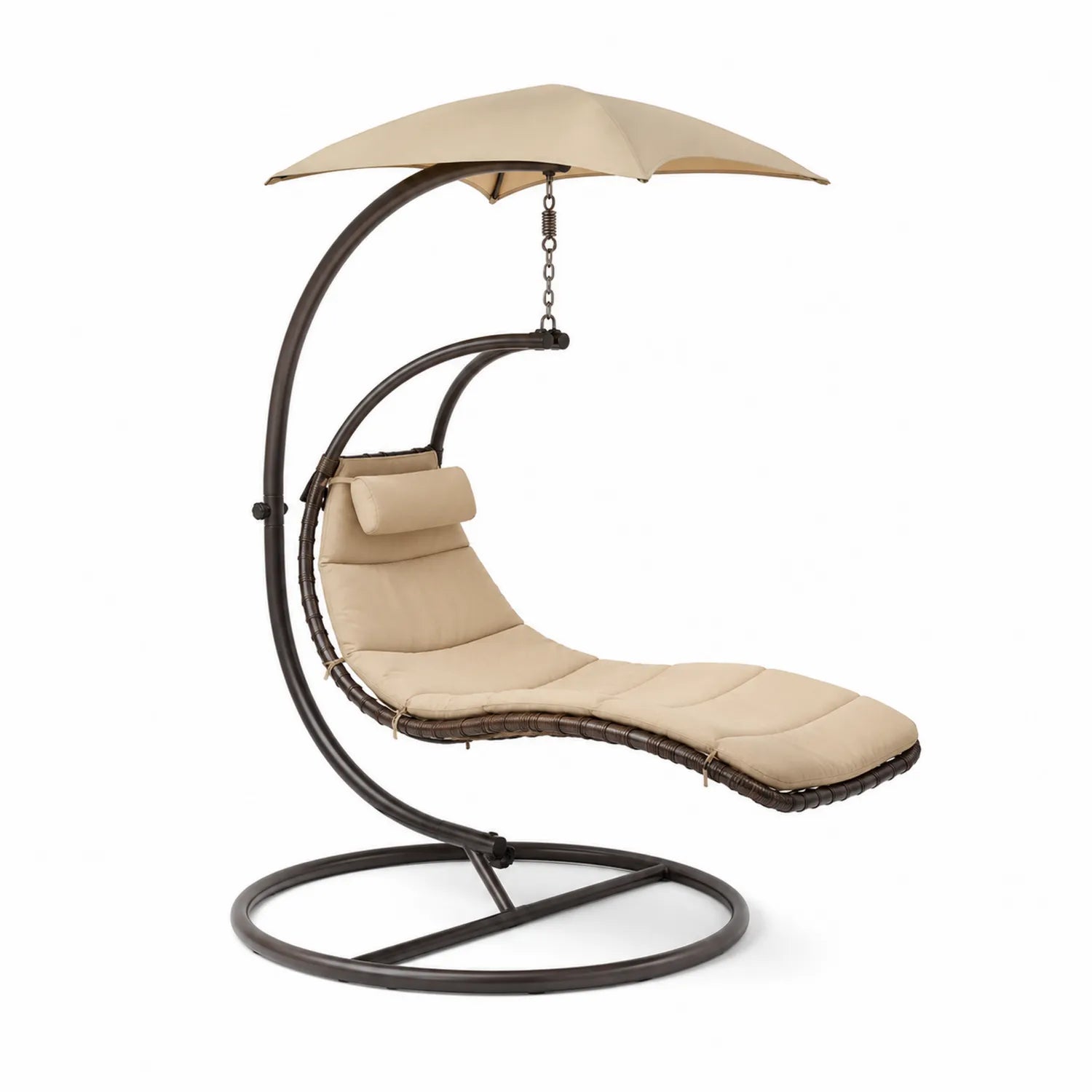 Chaise longue suspendue en acier avec coussin beige et pare-soleil