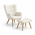 Fauteuil et repose-pieds en tissu bouclé avec pieds en bois