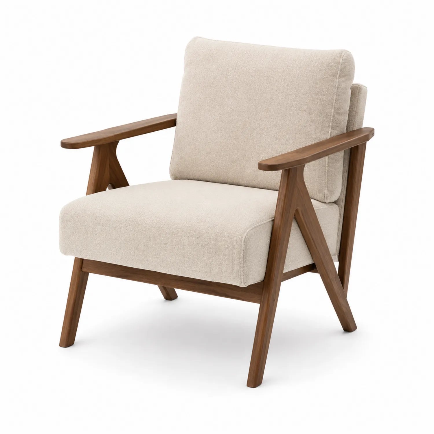 Fauteuil en tissu lin beige avec structure en bois