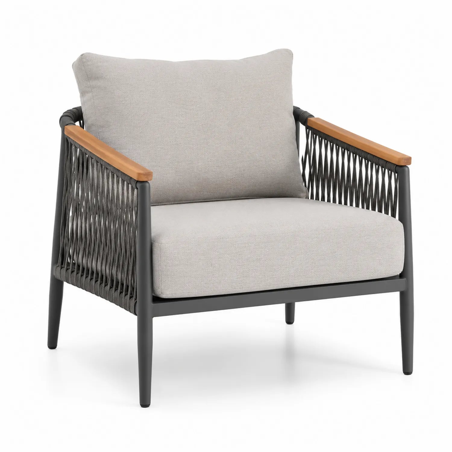 Fauteuil d'extérieur en métal avec accoudoirs en bois et coussins en tissu gris