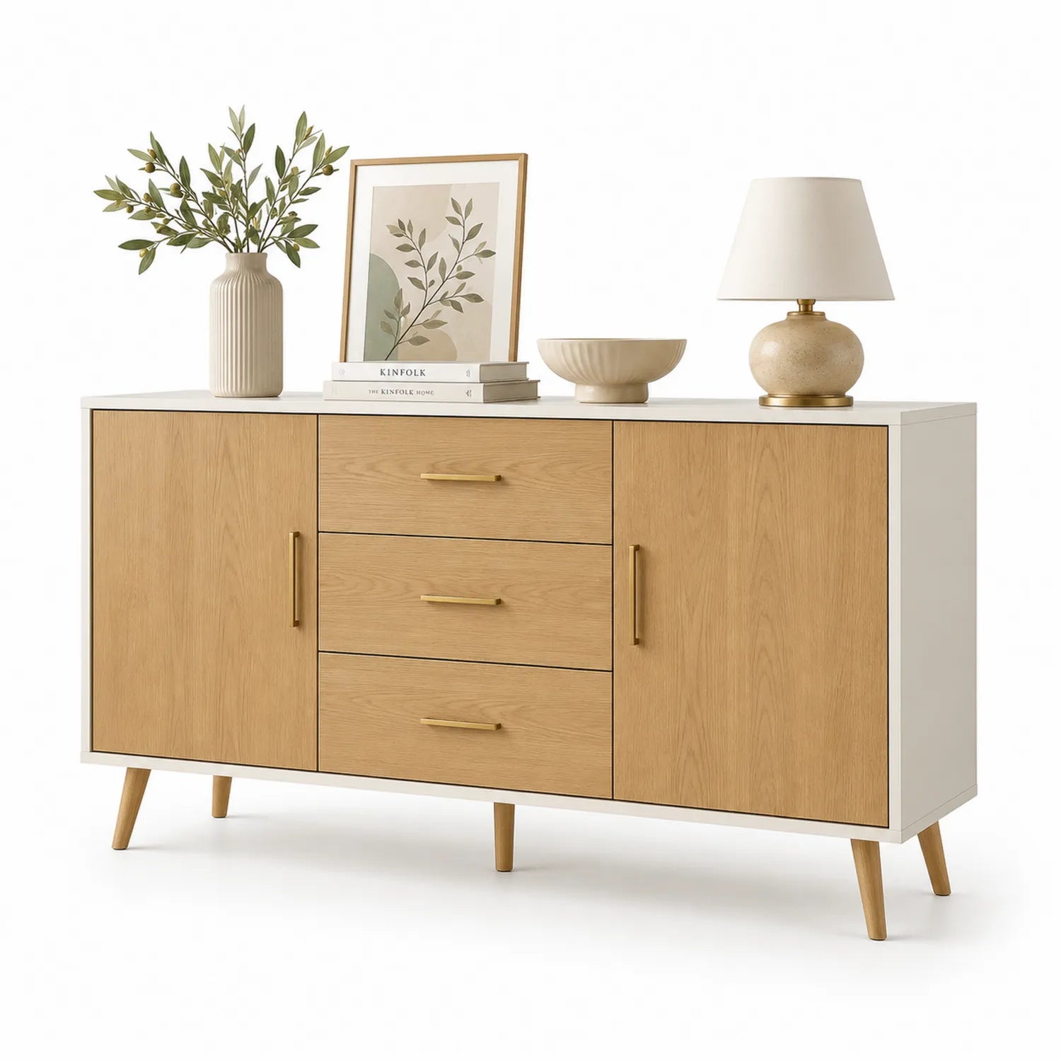 Buffet en bois MDF Chêne Clair et Blanc avec 2 Portes et 3 Tiroirs