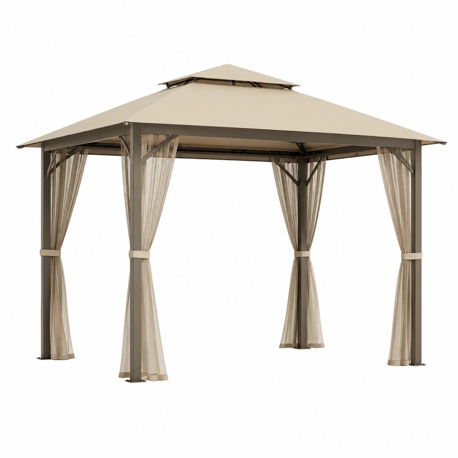 Pavillon de jardin en aluminium avec rideaux en polyester beige