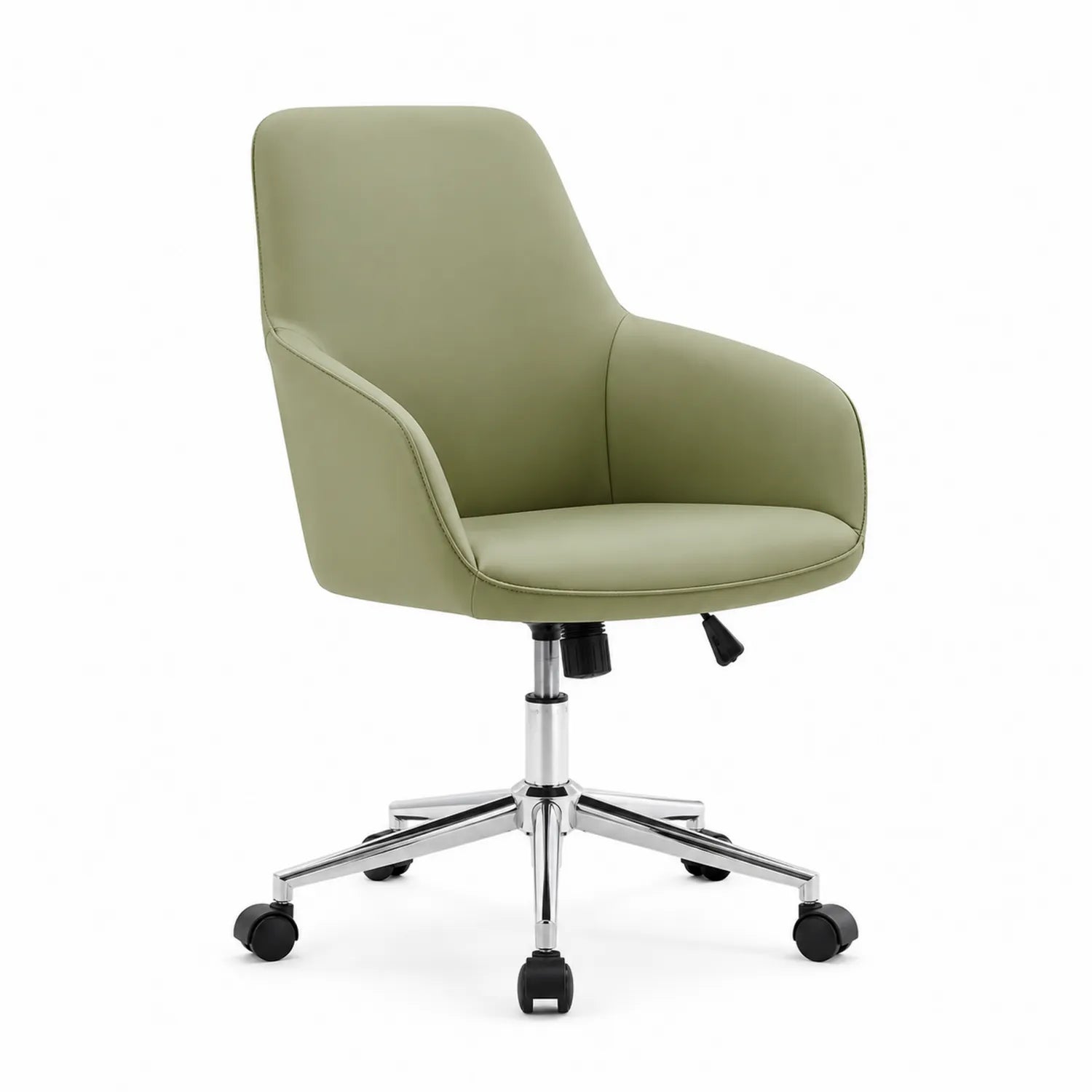 Chaise de bureau pivotante en cuir synthétique vert avec base en métal chromé