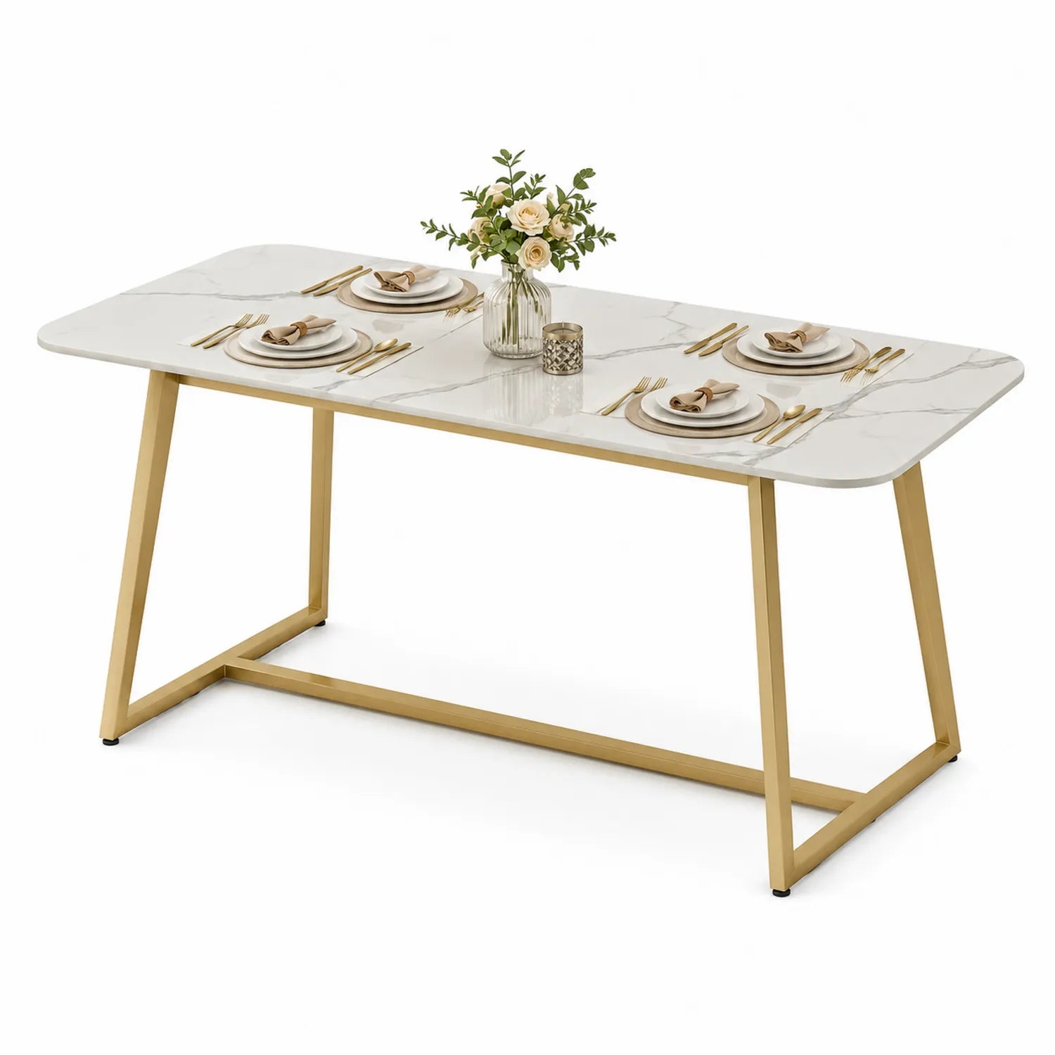 Table à manger en marbre et métal blanc et or 160x90x75 cm