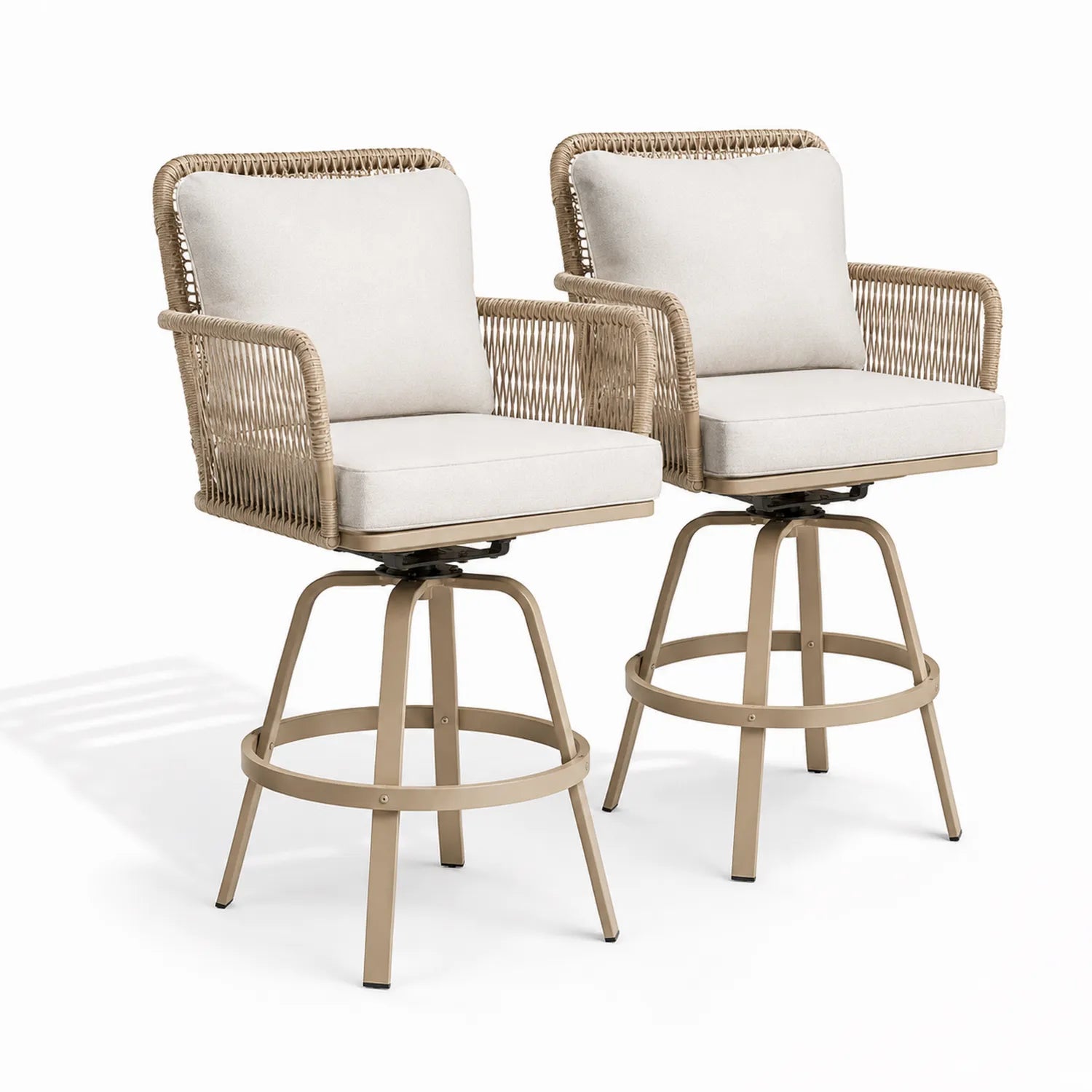Lot de 2 chaises de bar extérieures en rotin synthétique et métal avec coussins