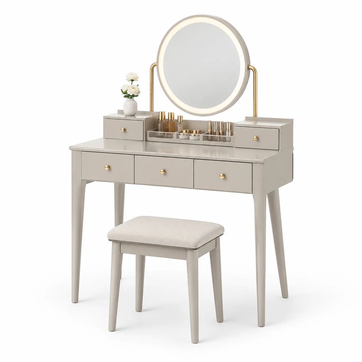 Coiffeuse en bois avec miroir LED et tabouret 100x40x75 cm Beige
