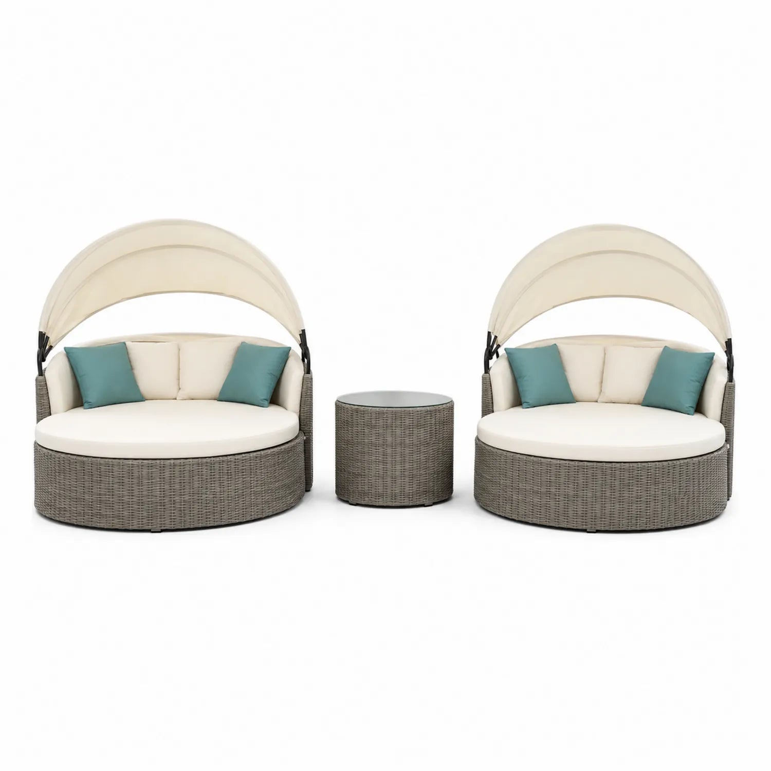 Ensemble de deux lits de jour et table ronde en résine tressée avec coussins et pare-soleil ajustable beige