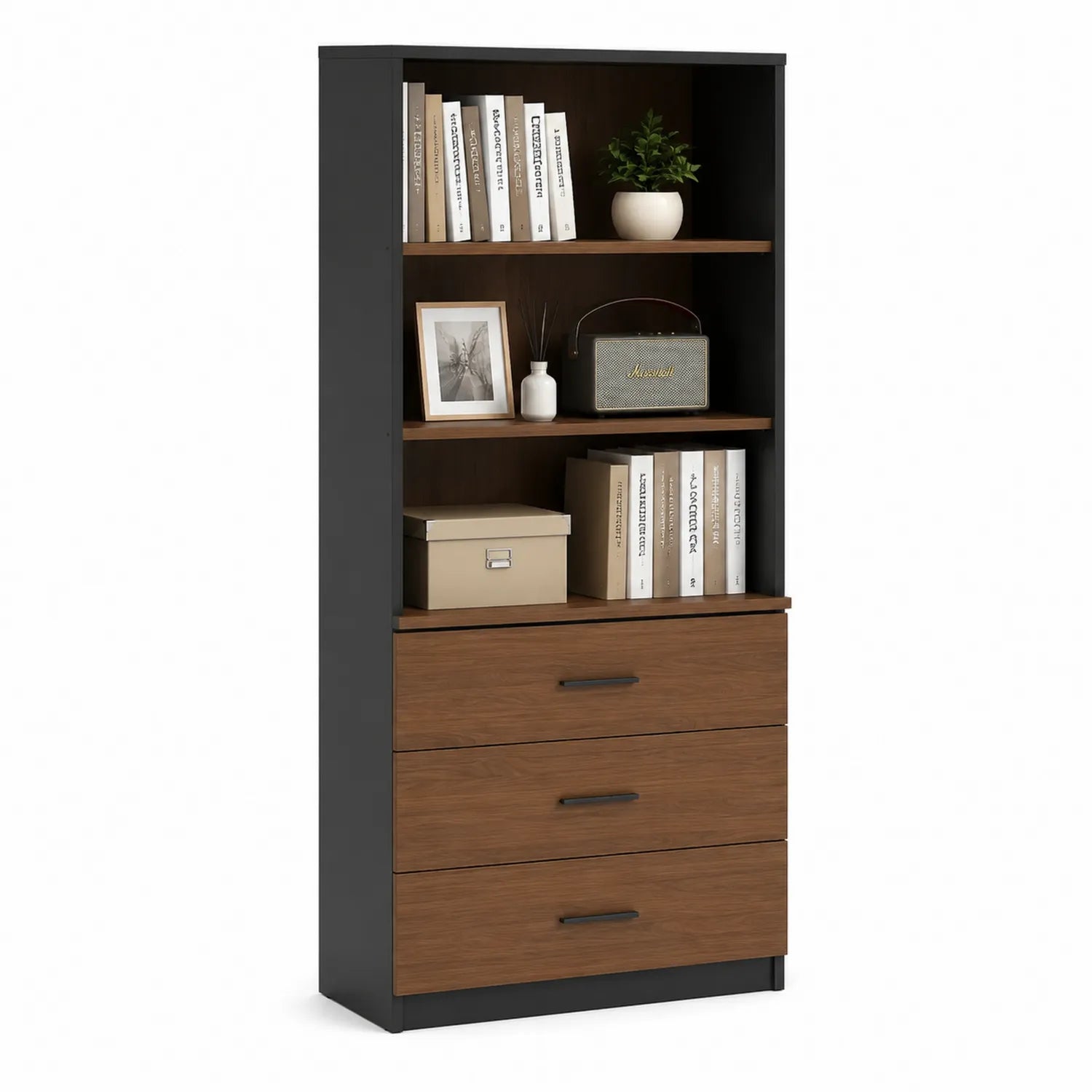 Bibliothèque en MDF avec tiroirs Noir/Noyer