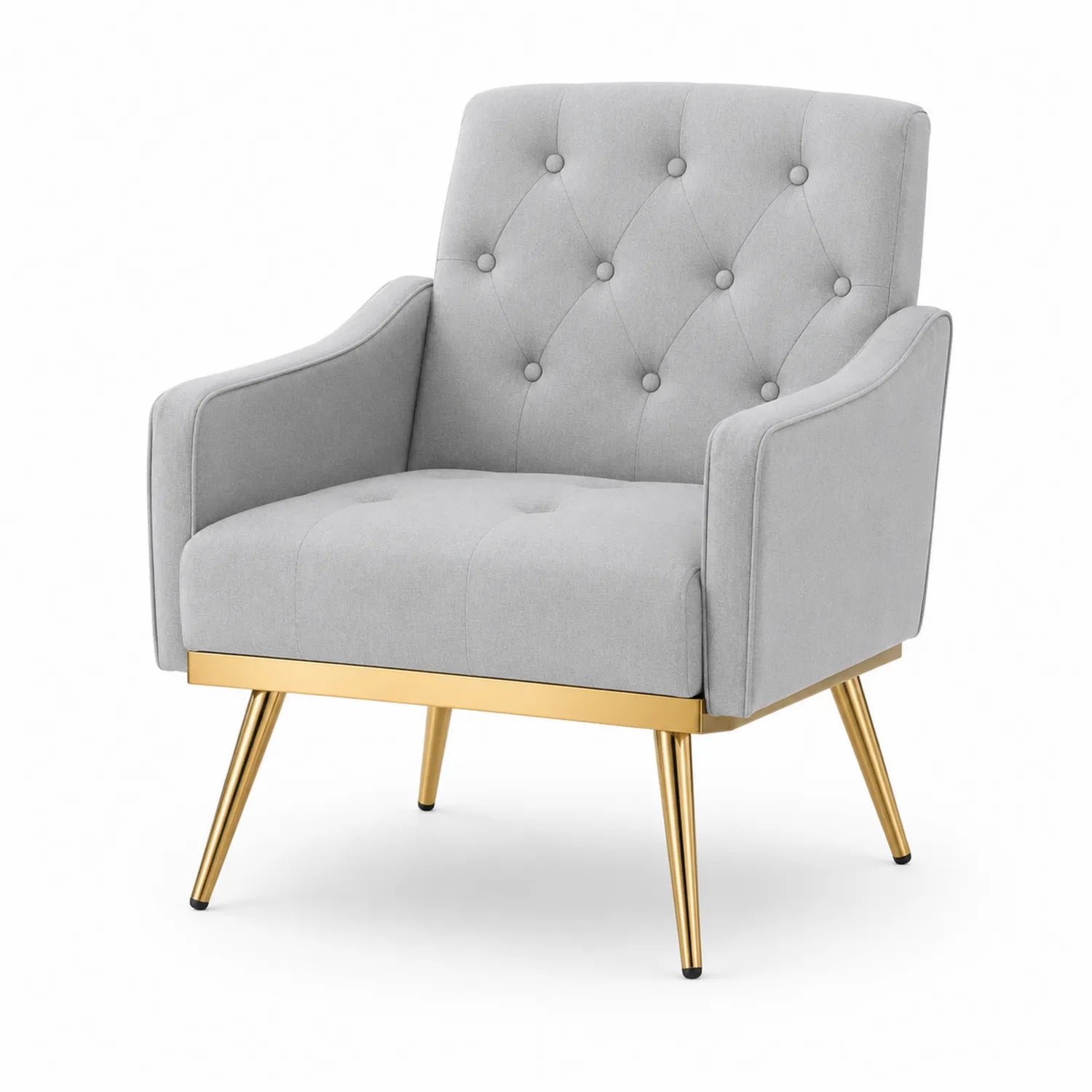 Fauteuil gris en tissu avec pieds en métal doré