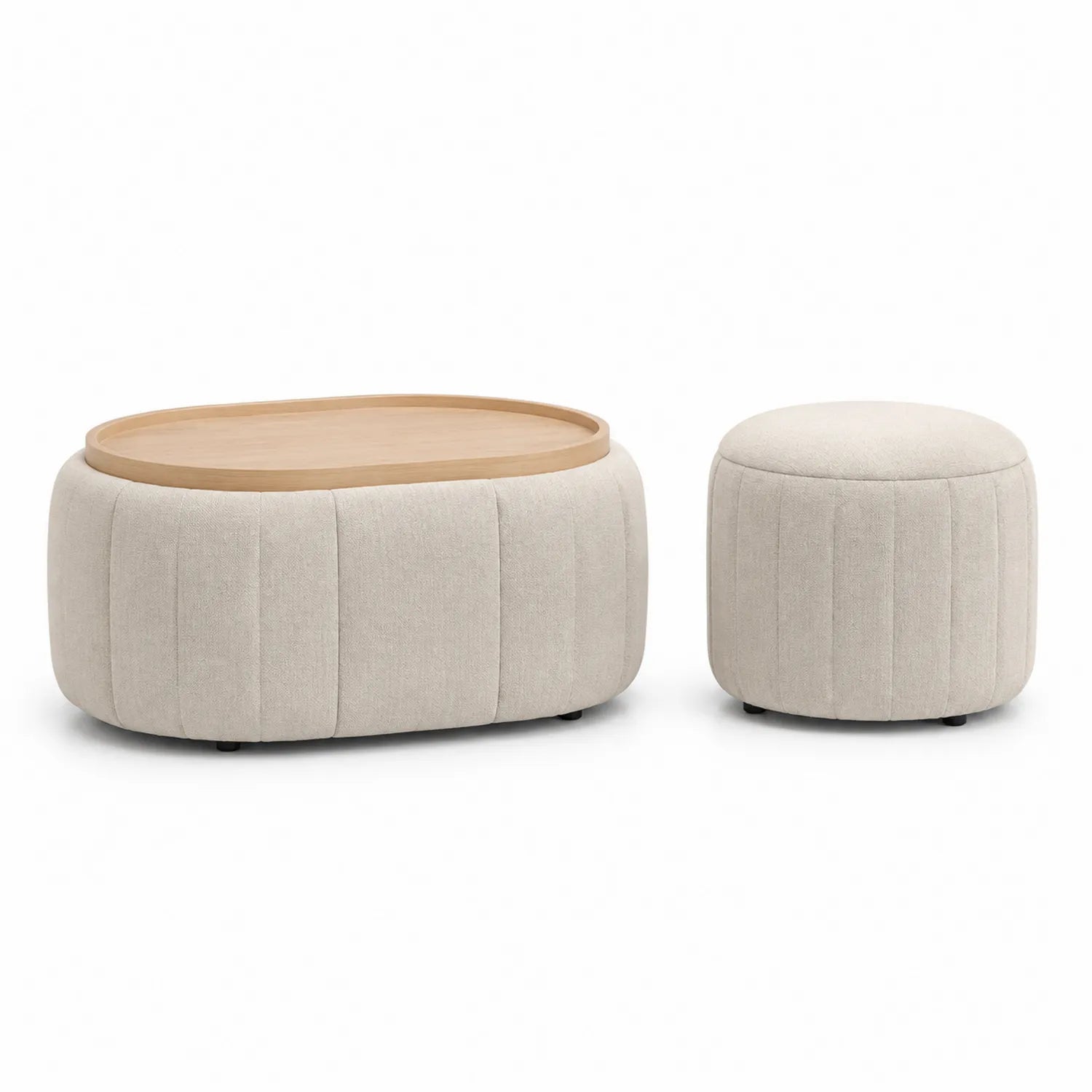 Ensemble 2 repose-pieds en tissu beige et plateau bois